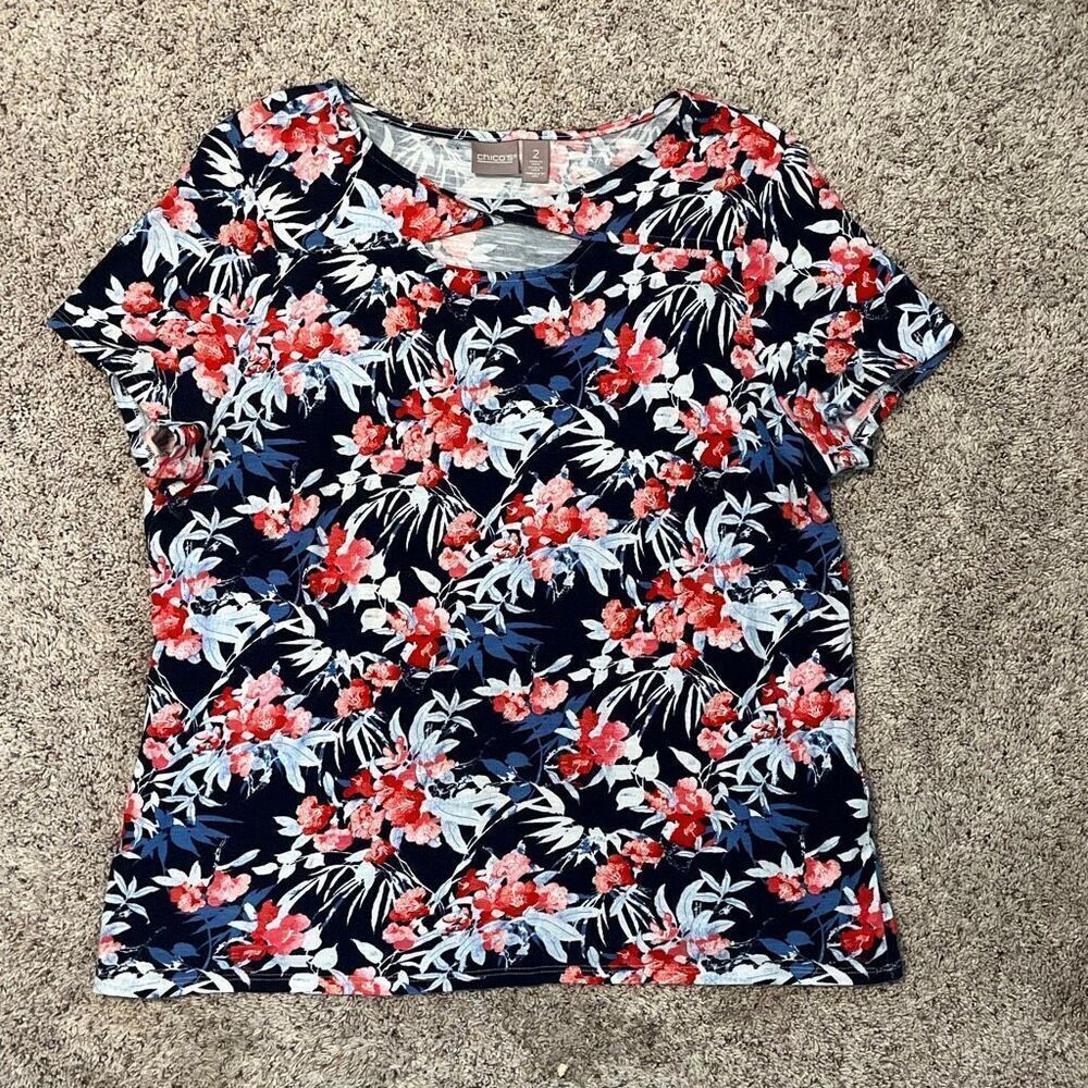 Chicos Flora Cotton Multi-Color T-Shirt Size Large